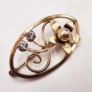 Vintage Van Dell Gold Filled Floral Brooch Faux Pearl Rhinestone Mid Century